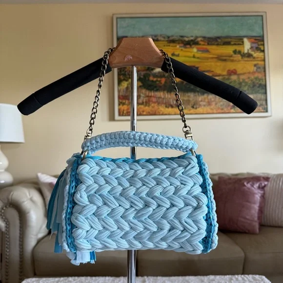 Handmade shirt yarn crochet Blue Chain Shoulder Bag - Picture 3 of 3
